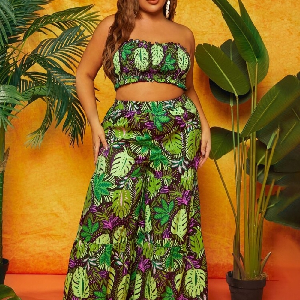 Tropical Leaf Print Two-Piece Set